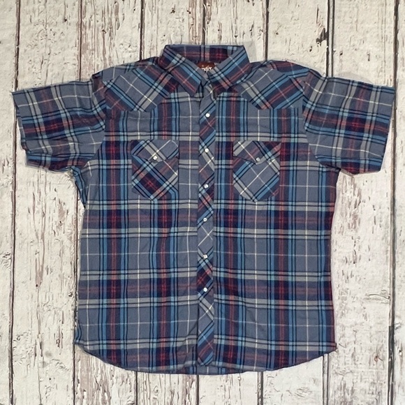 Vintage Wrangler Western Plaid Short Sleeve Cowboy Rancher Button Down Shirt